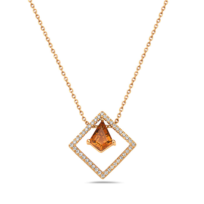 Gold necklace with a square pendant featuring an orange gemstone on a white background