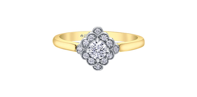 Gold ring with a diamond cluster on a white background