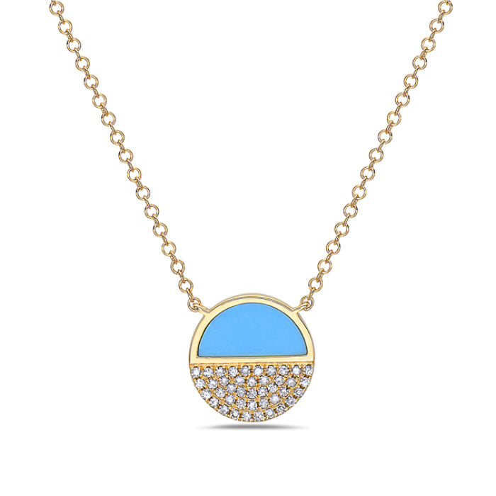 Necklace with a blue and gold pendant on a white background