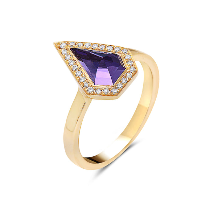 Gold ring with a purple gemstone and diamond accents on a white background