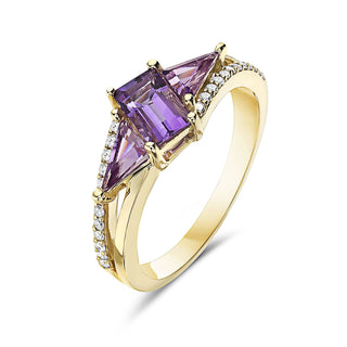 Anillo de oro amarillo de 14 quilates con amatista de 0,88 quilates y diamante de 0,13 quilates, talla 6