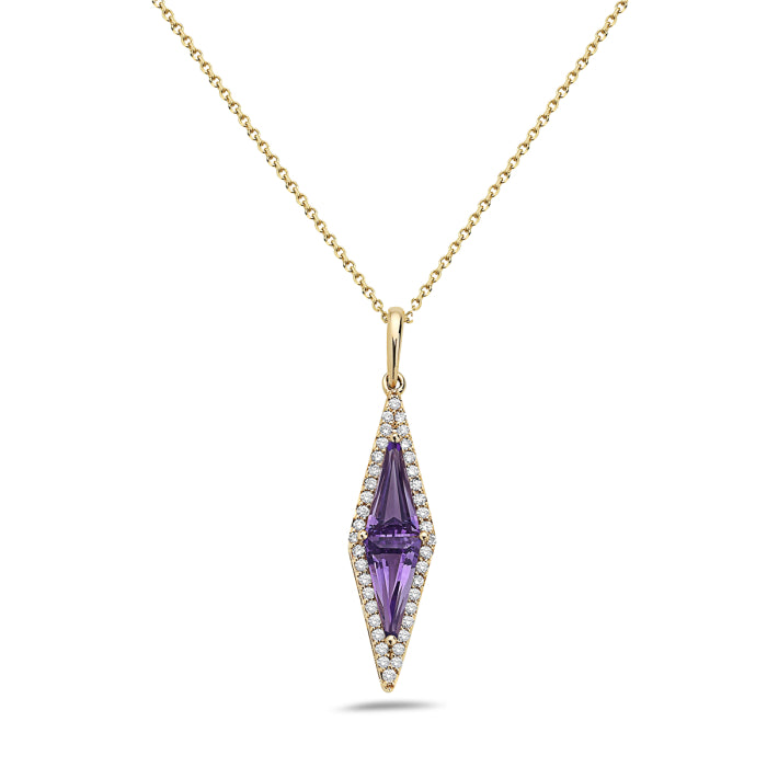 Gold necklace with a purple gemstone pendant on a white background