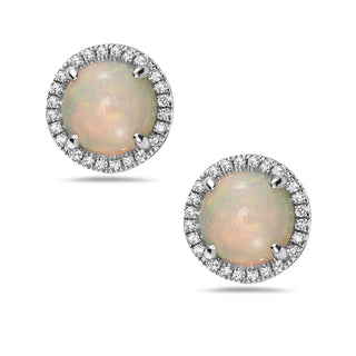 Pair of opal earrings with diamond accents on a white background