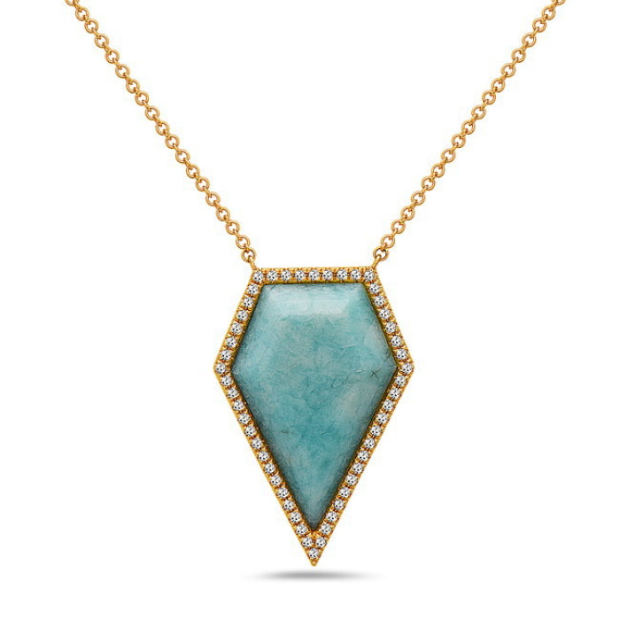 Necklace with a turquoise pendant and gold chain on a white background