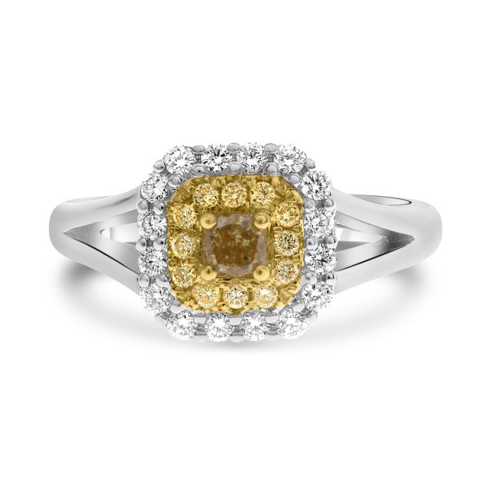 Diamond ring with a yellow center stone on a white background