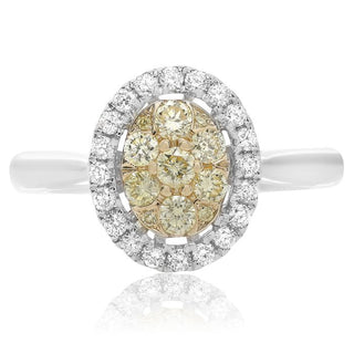 Diamond ring with a central yellow diamond and white diamonds on a white background