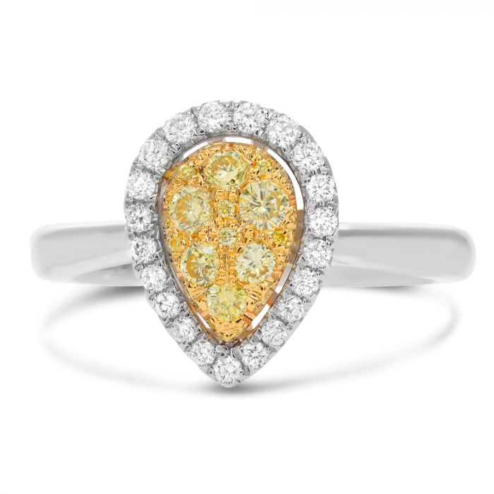 Teardrop-shaped ring with yellow gemstones and white diamond accents on a white background