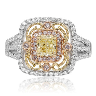 18K 2 Tone Gold Radiant Cut Natural Fancy Yellow, Pink and White Diamond Antique Cluster Halo Ring
