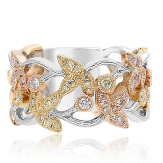 Multicolored ring with diamond accents on a white background