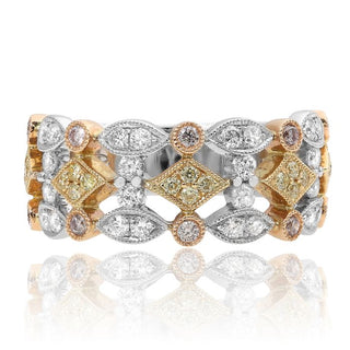 Multicolored diamond ring with a white background