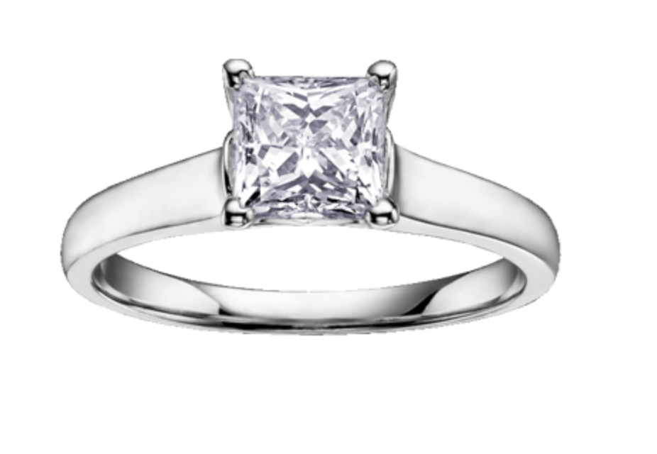 Silver ring with a princess-cut diamond on a white background