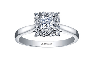 Diamond ring with 'Maple Leaf Diamonds' branding on a white background