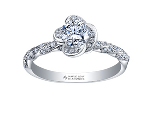 Diamond ring with 'Maple Leaf Diamonds' branding on a white background