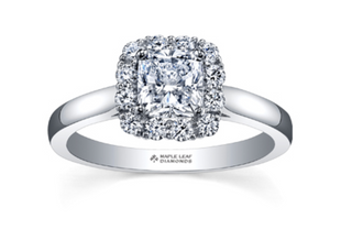 Diamond ring with a cushion-cut center stone on a white background, featuring the Maple Leaf Diamonds brand.
