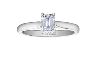 Diamond ring with 'Maple Leaf Diamonds' branding on a white background