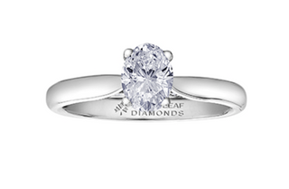 Diamond ring with 'My Leaf Diamonds' branding on a white background