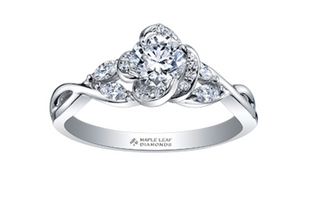 Silver ring with three pear-shaped diamonds on a white background, featuring 'Maple Leaf Diamonds' branding.
