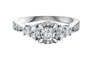 Anillo de diamantes con halo y canal de 1,00 quilates en oro blanco de 18 quilates y aleación de paladio (hipoalergénico)