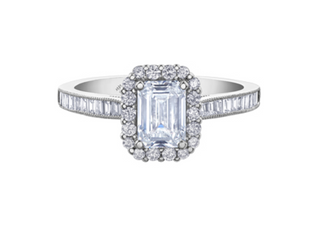 18K White Gold & Palladium Alloy (hypoallergenic) 1.02-1.59cttw Canadian Emerald Shape Diamond Engagement Ring