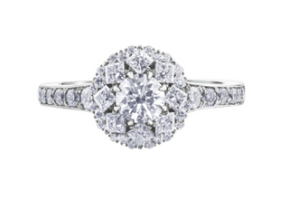 Anillo de diamantes con halo (hipoalergénico) de aleación de paladio y oro blanco de 18 quilates