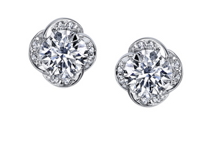 Pair of silver earrings with clear gemstones on a white background