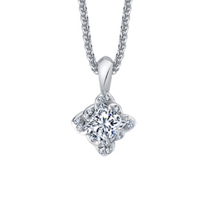 Diamond pendant on a chain against a white background