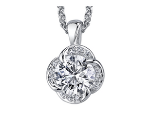 Silver necklace with a round diamond pendant on a white background