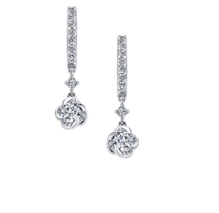 Pair of silver earrings with diamond-like stones on a white background