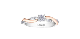 Two-toned diamond ring with 'Maple Leaf Diamonds' branding on a white background