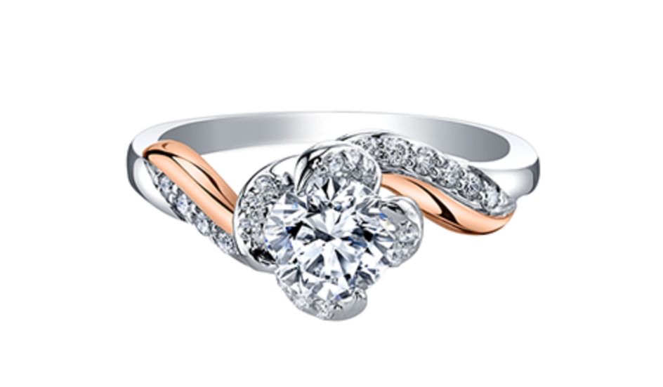 Two-tone diamond ring with rose gold and silver band on a white background