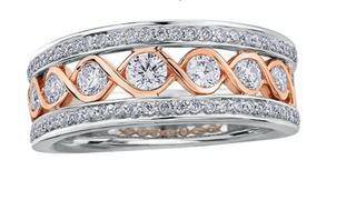 Two-finger ring with interwoven design featuring diamonds on a white background