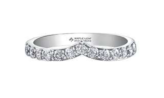 Silver ring with embedded diamonds on a white background