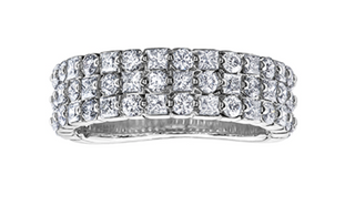 Diamond ring with multiple rows of stones on a white background