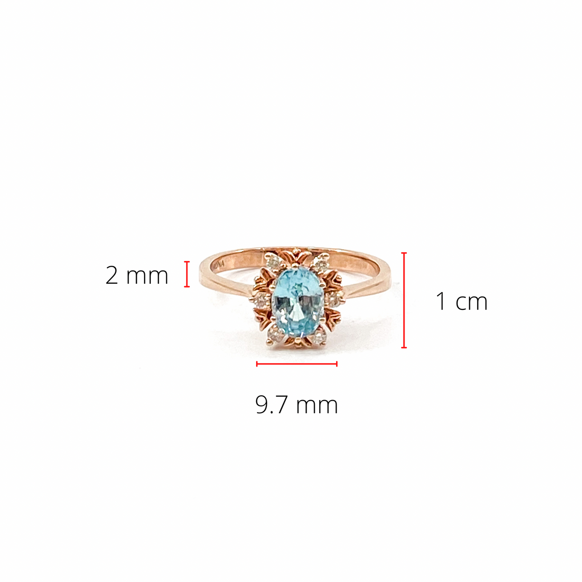 Anillo de oro rosa de 10 quilates con circonita azul de talla ovalada auténtica de 1,20 quilates y halo de diamantes de 0,09 quilates, talla 7