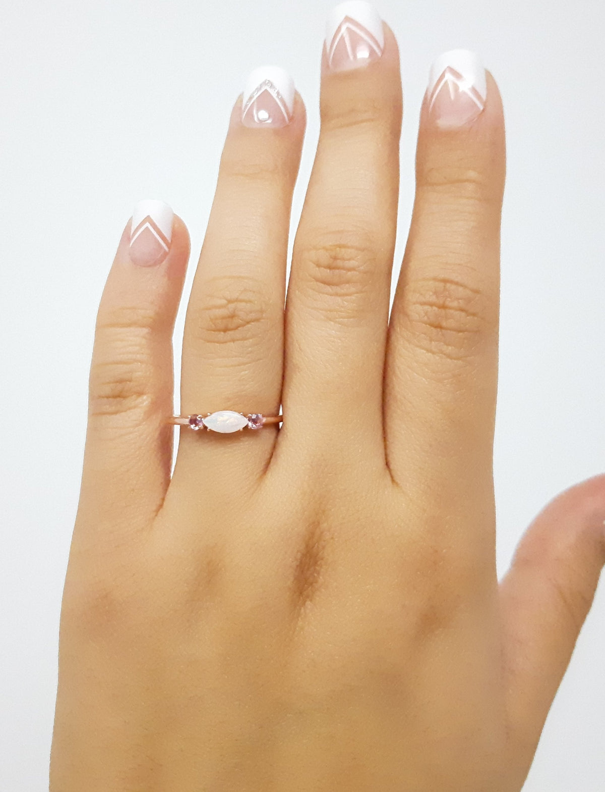 10K Rose Gold 7 x 3.25mm Opal and 2.5mm Pink Tourmaline Ring