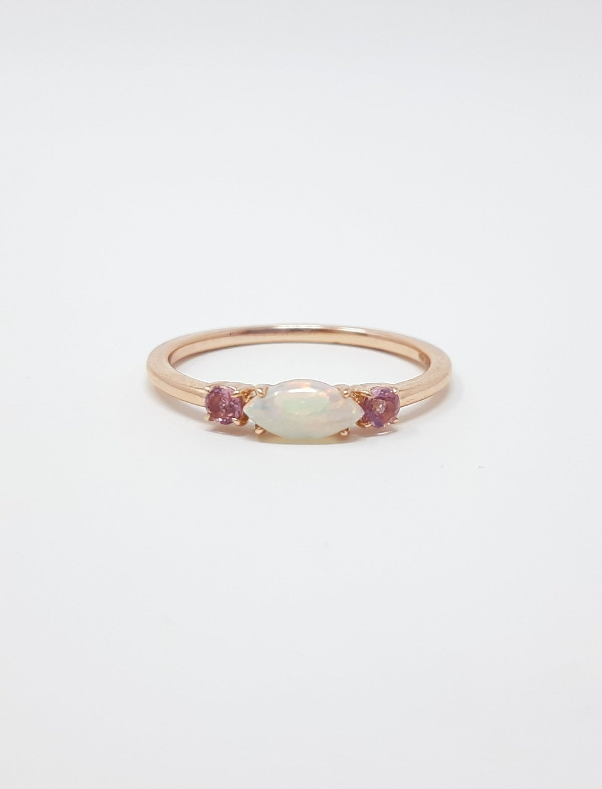 10K Rose Gold 7 x 3.25mm Opal and 2.5mm Pink Tourmaline Ring