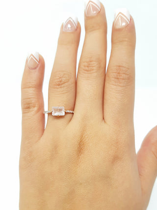 Anillo de oro rosa de 10 quilates, cuarzo rosa auténtico de 7 x 5 mm y diamante de 0,11 quilates, tamaño 6,5