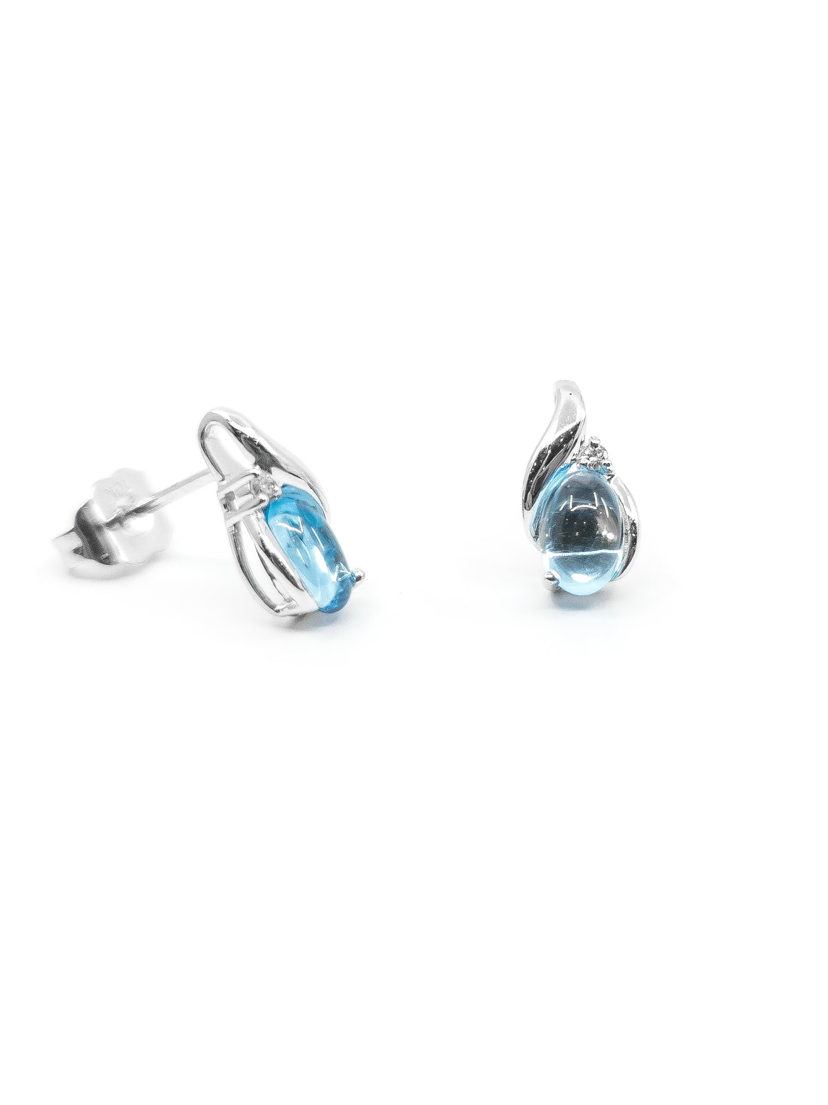 10K White Gold 6x4mm Oval Cabochon Cut Swiss Blue Topaz and 0.02cttw Diamond Earrings