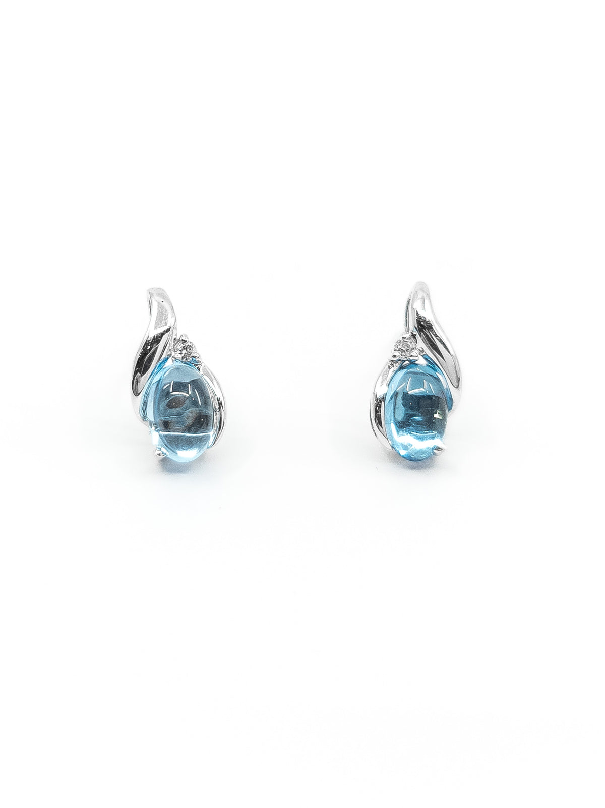 10K White Gold 6x4mm Oval Cabochon Cut Swiss Blue Topaz and 0.02cttw Diamond Earrings