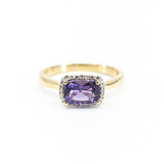 Anillo de oro amarillo de 10 quilates con amatista y diamante de 0,07 quilates, tamaño 6,5