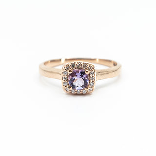 Anillo de oro rosa de 10 quilates con amatista auténtica de 0,35 quilates y halo de diamantes de 0,07 quilates, talla 7