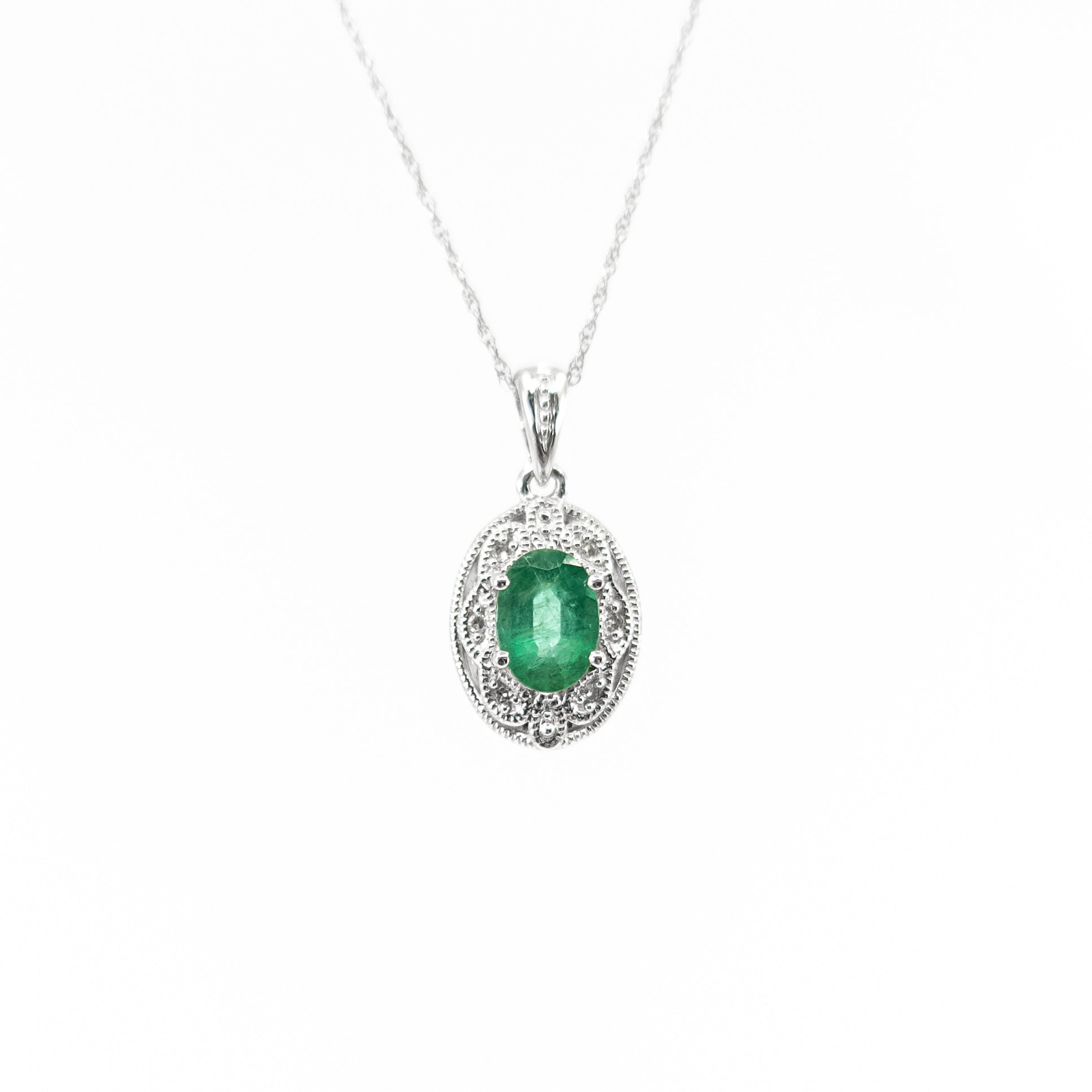 10K White Gold Genuine Emerald & Diamond Pendant