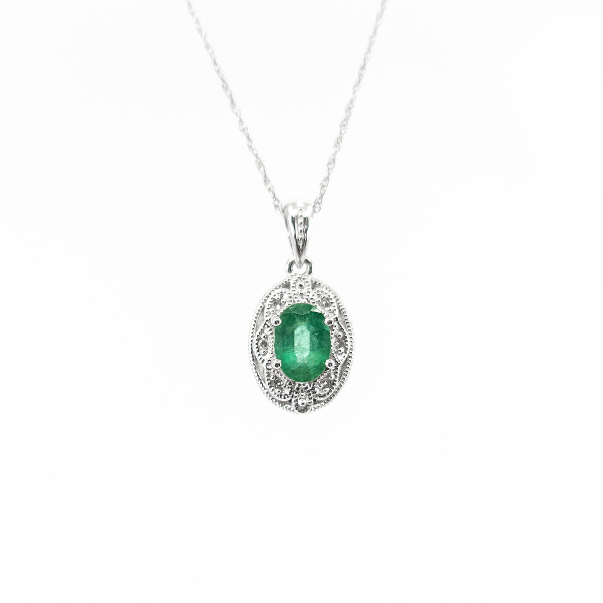 10K White Gold Genuine Emerald &amp; Diamond Pendant