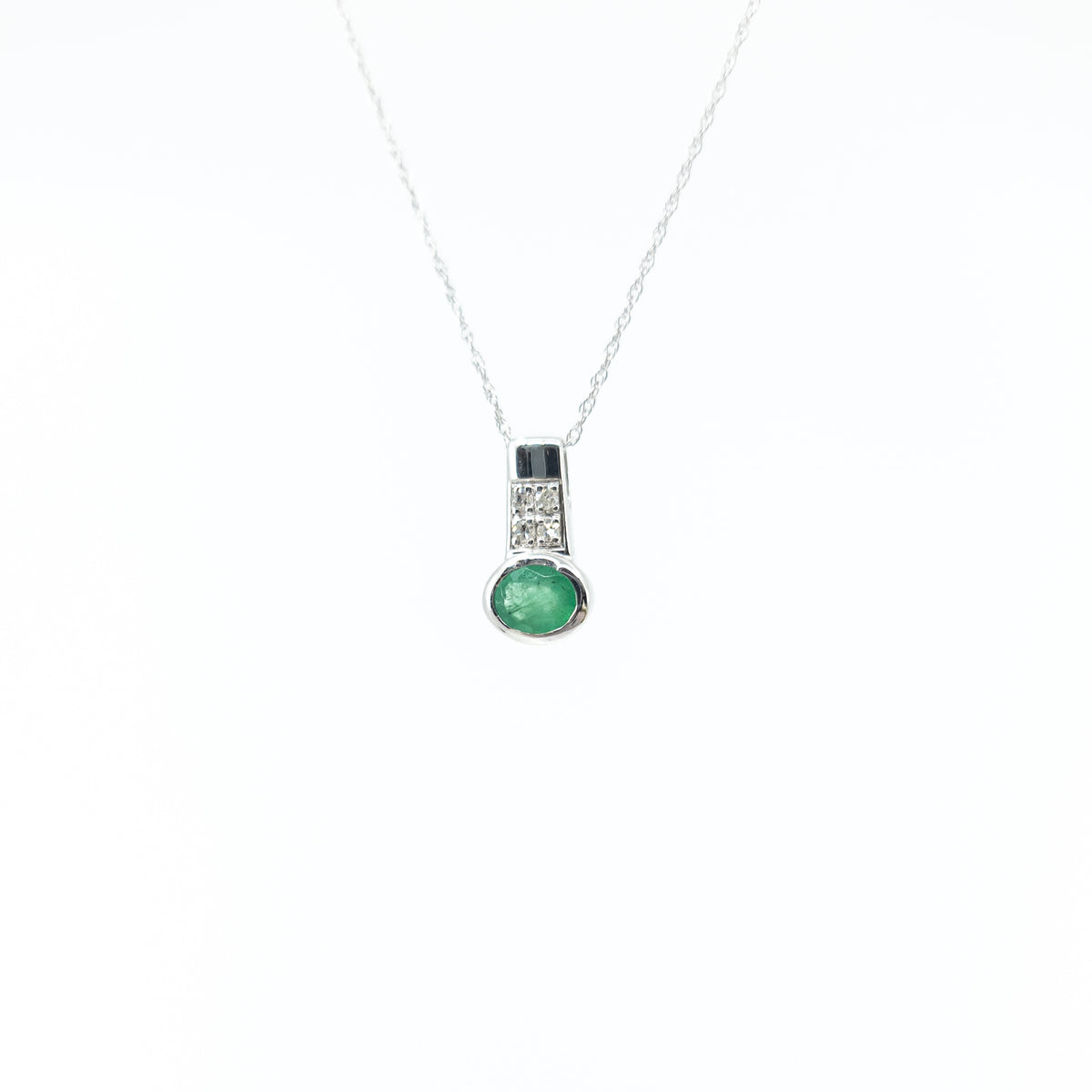 10K White Gold Genuine Emerald &amp; Diamond Pendant
