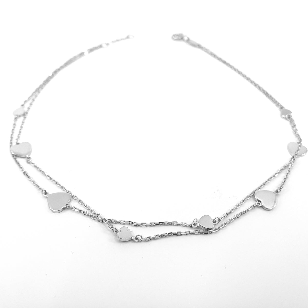 10K White Gold Hearts Double Link Anklet with 0.5 Inch Adjuster - 10 Inches