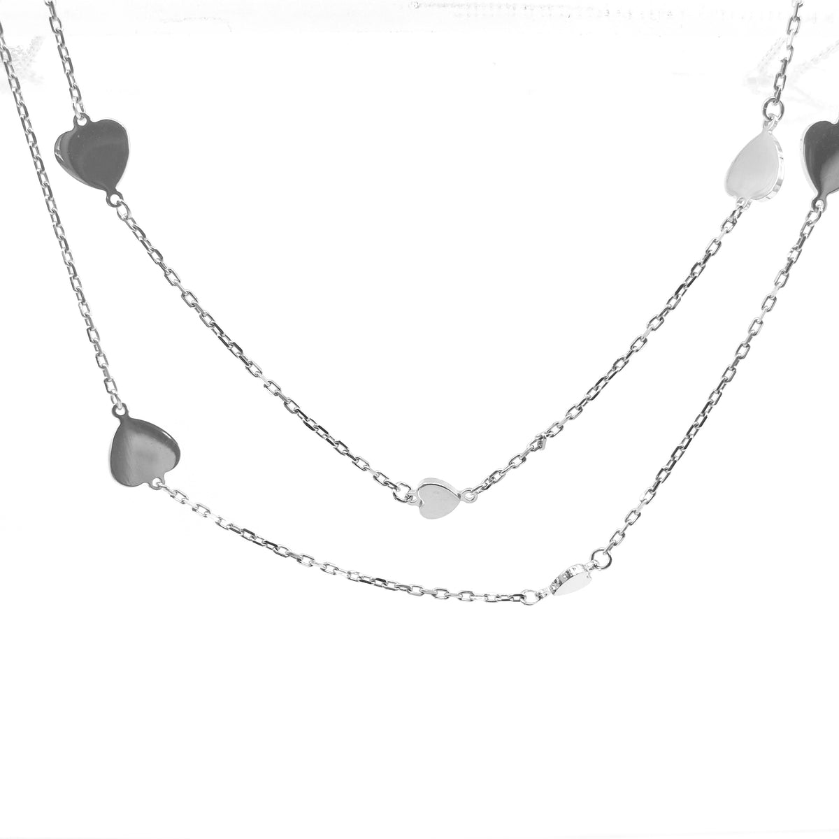 10K White Gold Hearts Double Link Anklet with 0.5 Inch Adjuster - 10 Inches