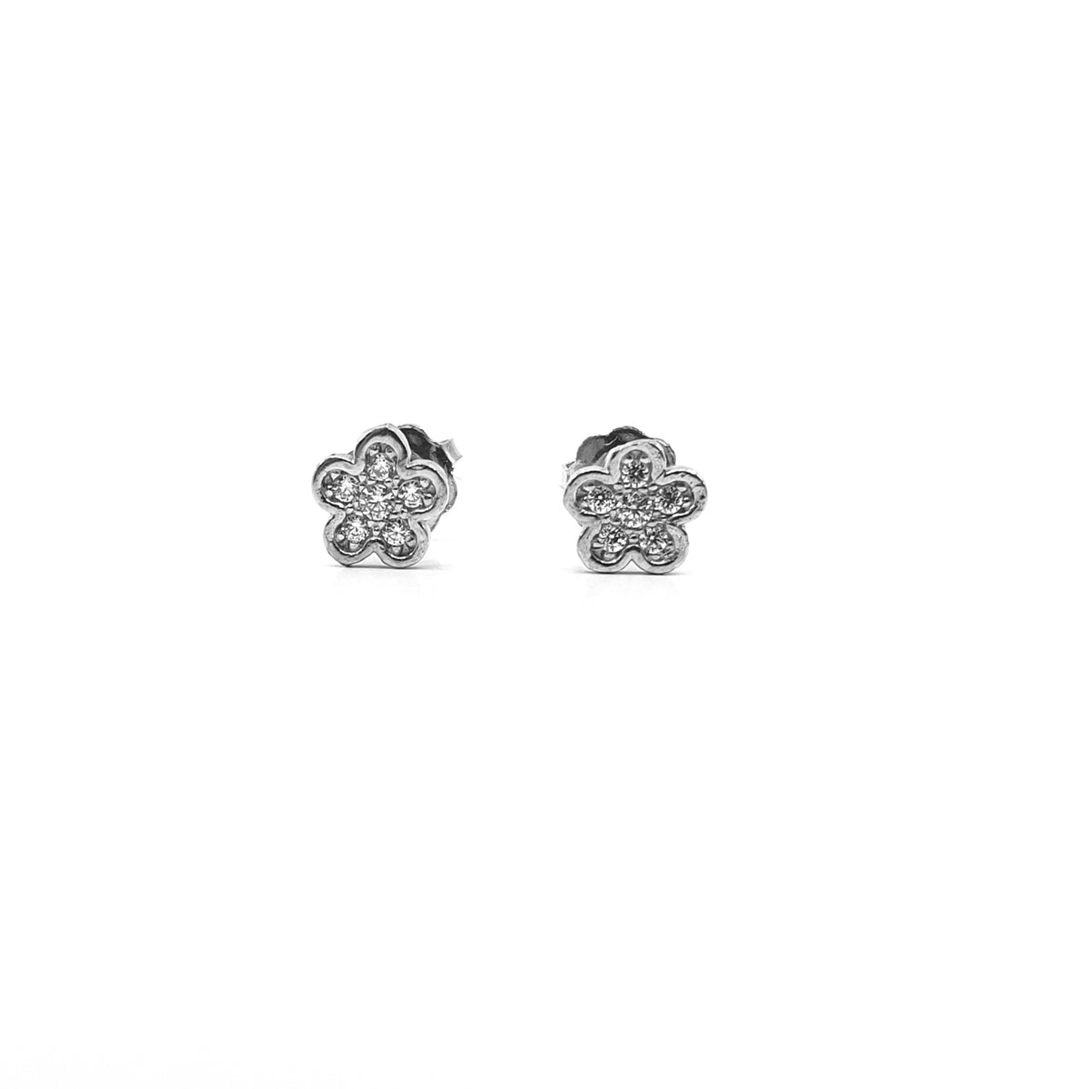 10K White Gold Cubic Zirconia Flower Studs with Screw Back - 5mm