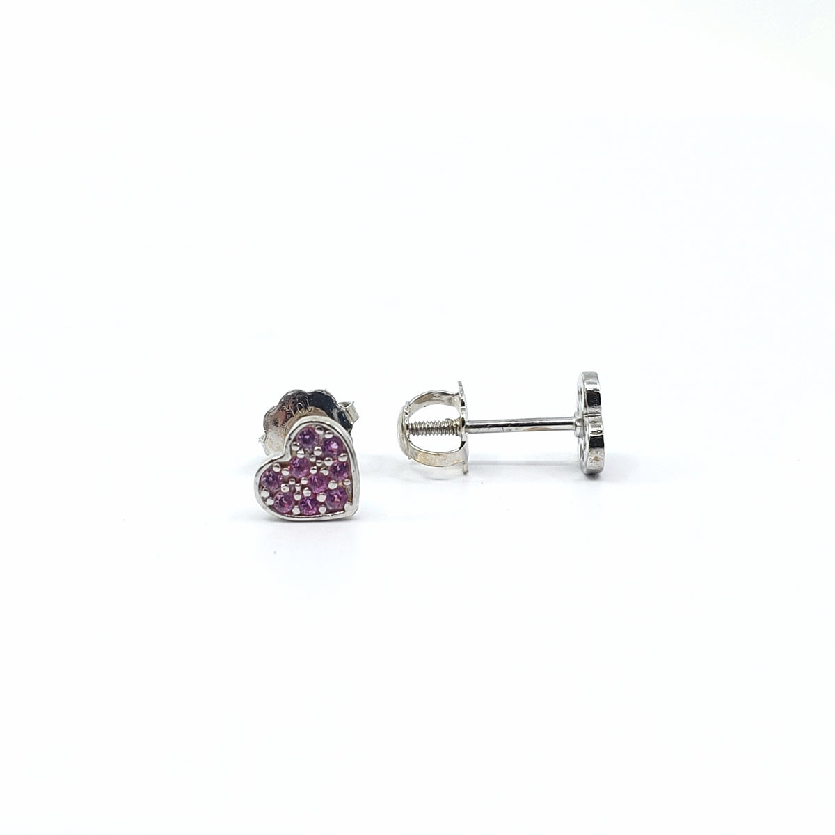 10K White Gold Heart Shaped with Pink Cubic Zirconia Studs with Screw Backs- 5mm