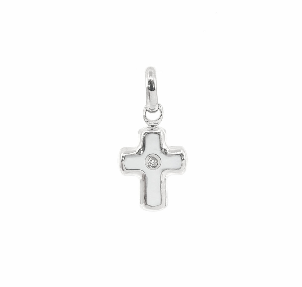 Cruz de nácar de oro blanco de 10 quilates con dije de circonita cúbica: 10 mm x 8 mm