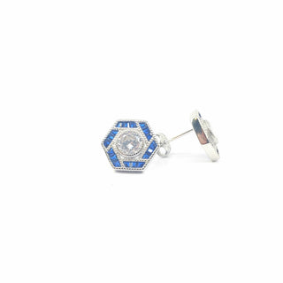 Pendientes hexagonales de plata de ley 925 con circonita cúbica transparente y azul, 12,5 mm x 11 mm